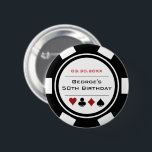 Birthday Poker Chip Casino Theme White Black 6 Cm Round Badge<br><div class="desc">These white and black poker chip style buttons would make a perfect gift for either the birthday boy,  or,  for the whole party to wear while at the party! Personalise your design with your name and birth date # in black in the centre,  and birthday in red on top.</div>
