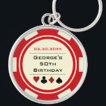 Birthday Poker Chip Las Vegas Theme Red Off White Key Ring<br><div class="desc">This red and off-white poker chip style keychain would make a perfect gift for either the birthday boy,  or,  for the whole party as a gift! Personalise your design with a name and birth date # in black in the centre,  and your custom text in red on top.</div>