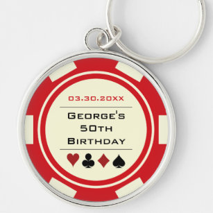 Birthday Poker Chip Las Vegas Theme Red Off White Key Ring