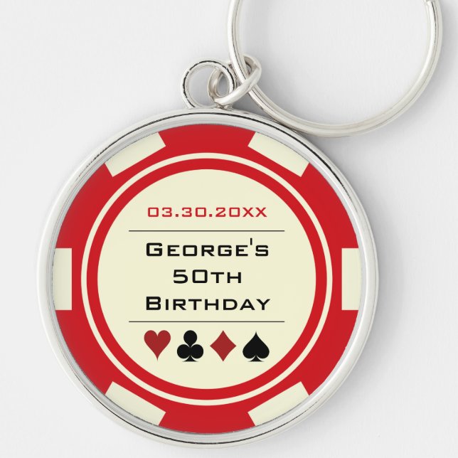 Birthday Poker Chip Las Vegas Theme Red Off White Key Ring (Front)
