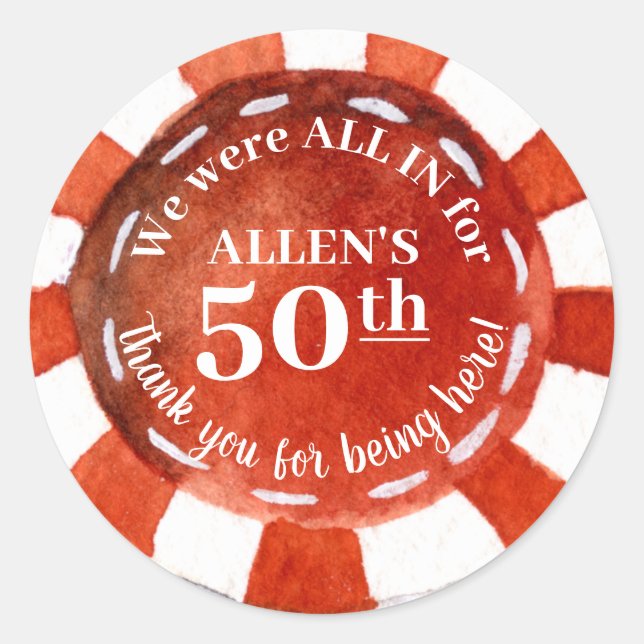 Birthday Poker Chip Red White Thank You Classic Ro Classic Round Sticker (Front)