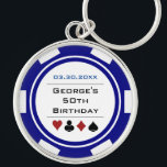 Birthday Poker Chip Vegas Theme Navy Blue White Key Ring<br><div class="desc">This navy blue and white poker chip style keychain would make a perfect gift for either the birthday boy,  or,  for the whole party as a gift! Personalise your design with a name and birth date # in black in the centre,  and your custom text in blue on top.</div>