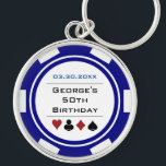 Birthday Poker Chip Vegas Theme Navy Blue White Key Ring<br><div class="desc">This navy blue and white poker chip style keychain would make a perfect gift for either the birthday boy,  or,  for the whole party as a gift! Personalise your design with a name and birth date # in black in the centre,  and your custom text in blue on top.</div>