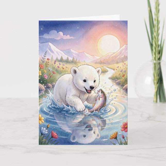 Birthday Polar Bear Cub Playing with a Fish Card (Front)