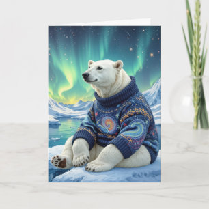 Birthday Polar Bear Sitting Under Northern Lights Card