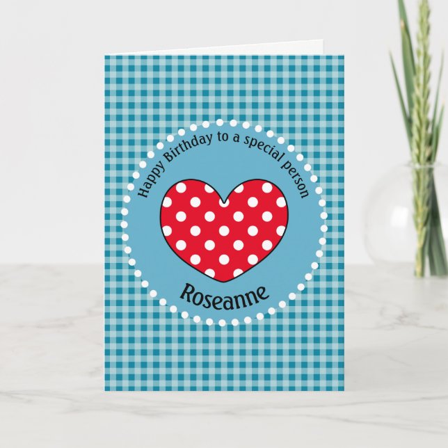 Birthday Polka Dot Love Heart Gingham Personalised Card (Front)