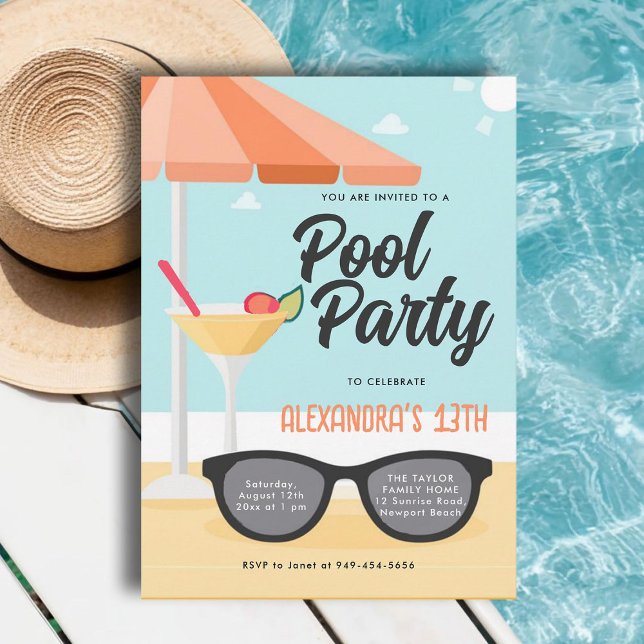 Birthday Pool Party Cute Sunglasses Teal Chic Teen Invitation (pool birthday party invitations for teens girls tween thirteen sunglasses cute modern cool orange)