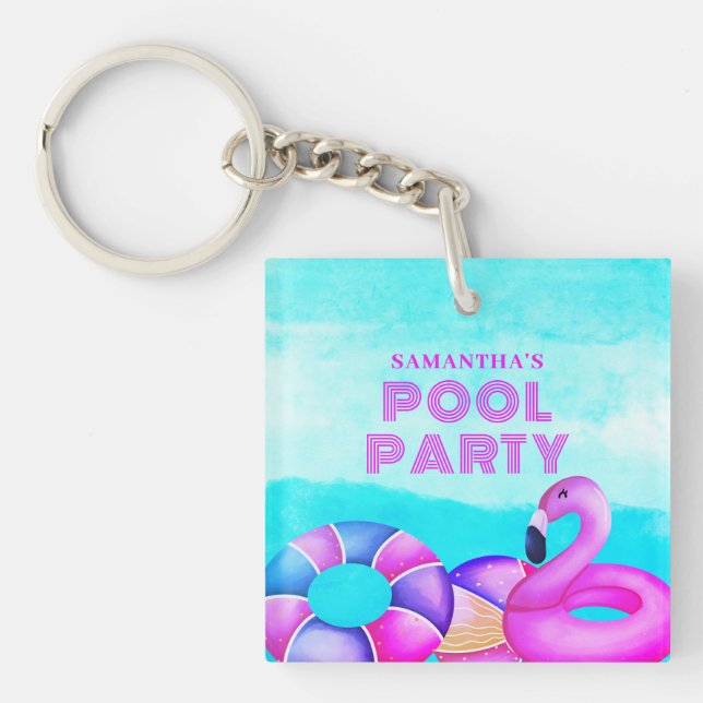 Birthday Pool Party Pink Flamingo Acrylic Keychain (Front)
