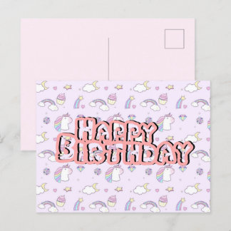 Birthday postcard cute unicorn pink 