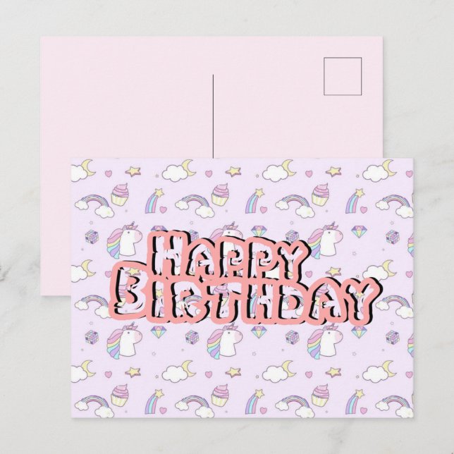 Birthday postcard cute unicorn pink  (Front/Back)