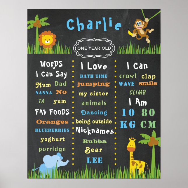 Birthday Poster Baby Jungle Theme One Party Sign (Front)