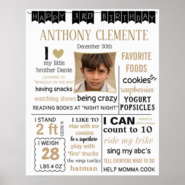 Birthday Poster Banner Milestone black white gold (Front)