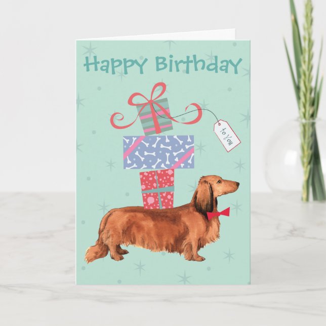 Birthday Presents Longhaired Dachshund Card (Front)