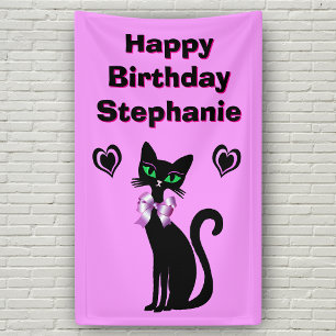 Birthday Pretty black Cat Green Eyes Bow on Pink Banner