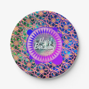 Birthday Pretty Galaxy Flower Mandala Monogram Paper Plate