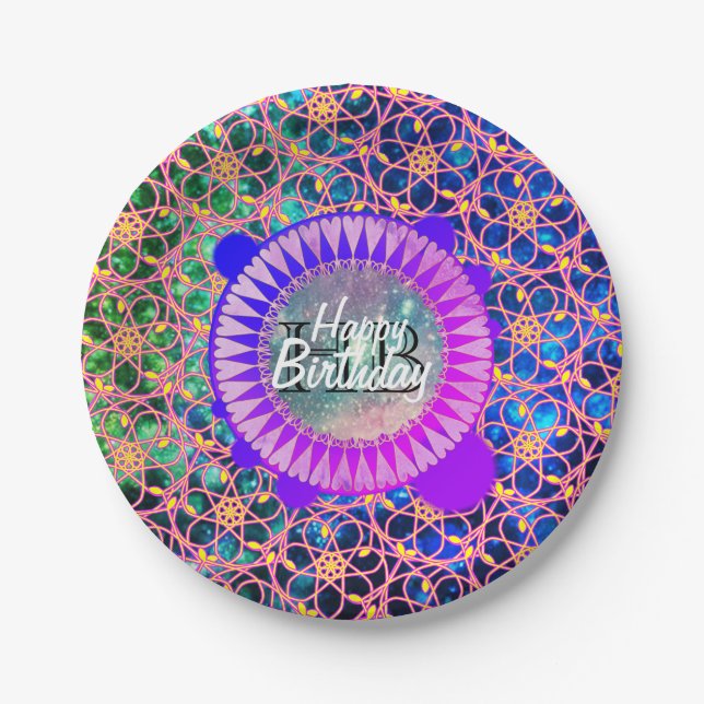 Birthday Pretty Galaxy Flower Mandala Monogram Paper Plate (Front)