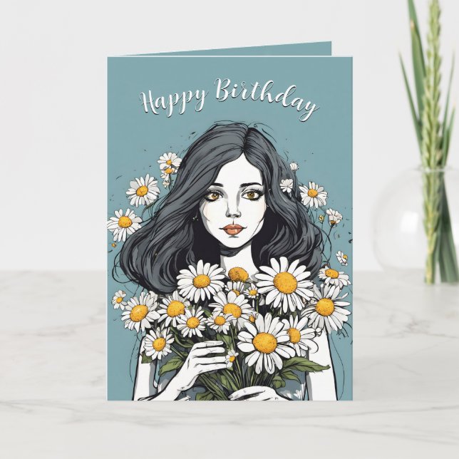 Birthday Pretty Lady With Daisy Bouquet Card (Front)