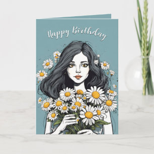 Birthday Pretty Lady With Daisy Bouquet Card