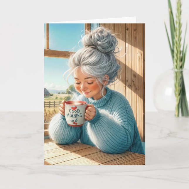 Birthday Pretty Senior Lady Drinking Coffee Card (Front)