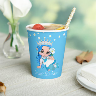 Birthday Princess Fairy and Flowers on Turquoise Paper Cups