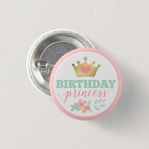 Birthday Princess Gold Crown & Shabby Pink Floral 3 Cm Round Badge