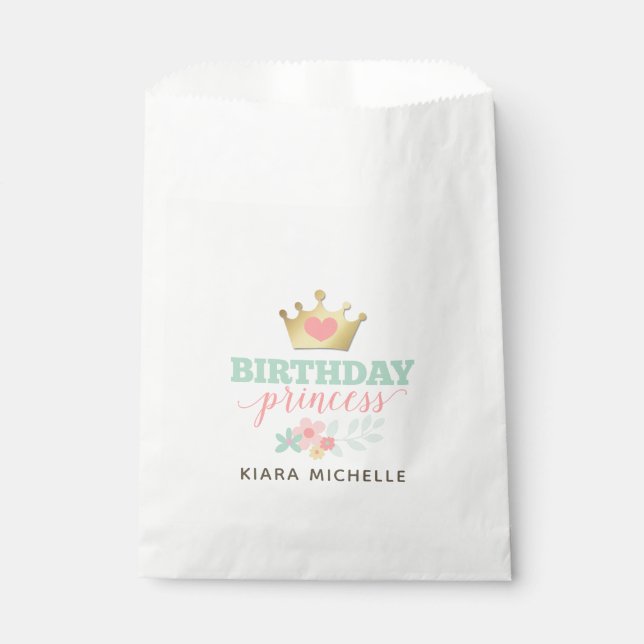 Birthday Princess Gold Crown & Shabby Pink Floral Favour Bags (Front)