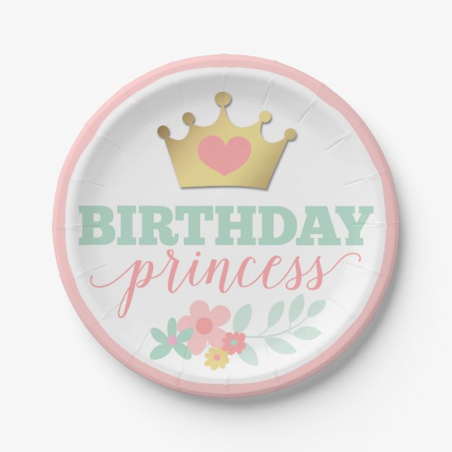 Birthday Princess Gold Crown & Shabby Pink Floral Paper Plate (Front)