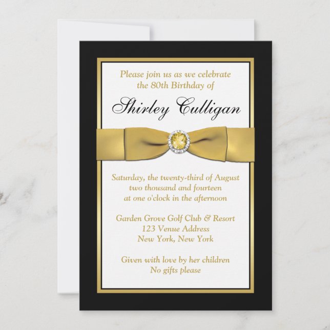 Birthday | PRINTED RIBBON | Black, Gold | 80th Invitation (Front)