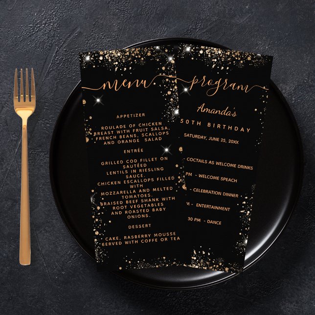 Birthday Progam Menu black gold glitter (Creator Uploaded)