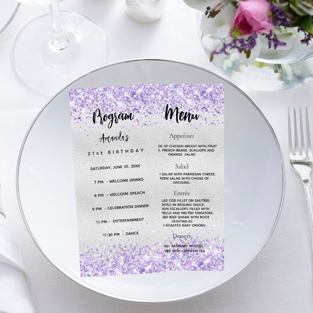 Birthday Progam Menu silver violet confetti (Creator Uploaded)