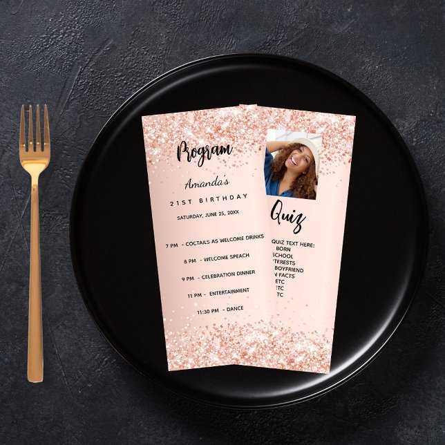 Birthday Progam Quiz rose gold glitter photo Rack Card (Creator Uploaded)
