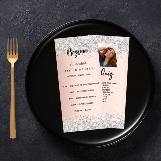 Birthday Progam Quiz rose gold silver photo Rack Card (Creator Uploaded)