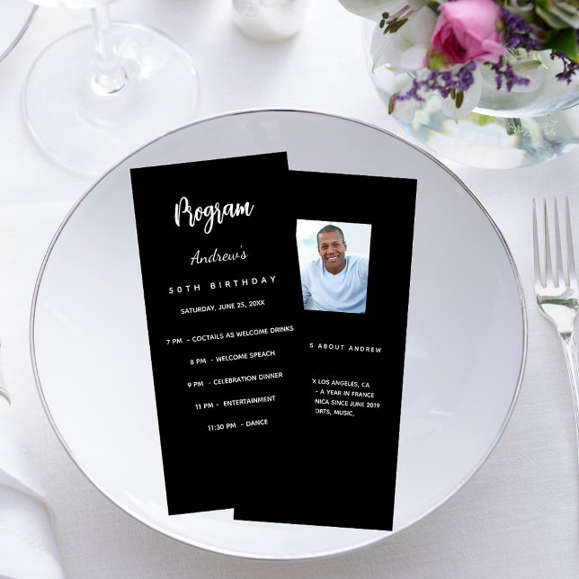 Birthday program black white photo fun facts rack card (Creator Uploaded)