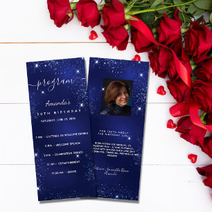 Birthday program blue glitter photo fun facts rack card