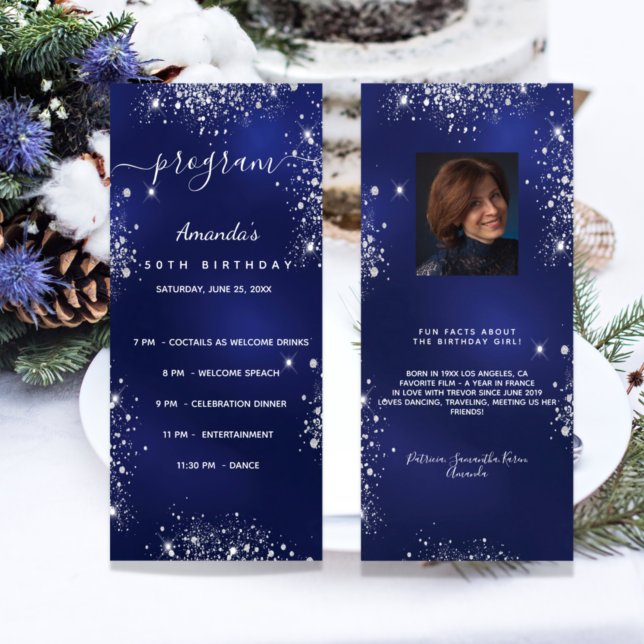 Birthday program blue glitter photo fun facts rack card (Creator Uploaded)