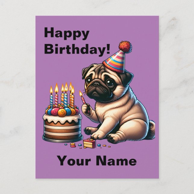 Birthday Pug Customisable Greeting Postcard (Front)