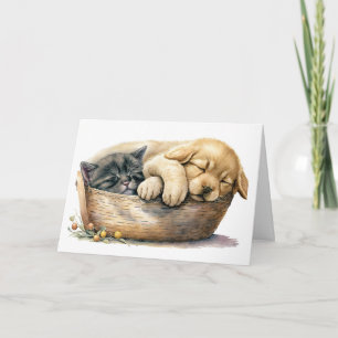 Birthday Puppy And Kitten In Basket Card