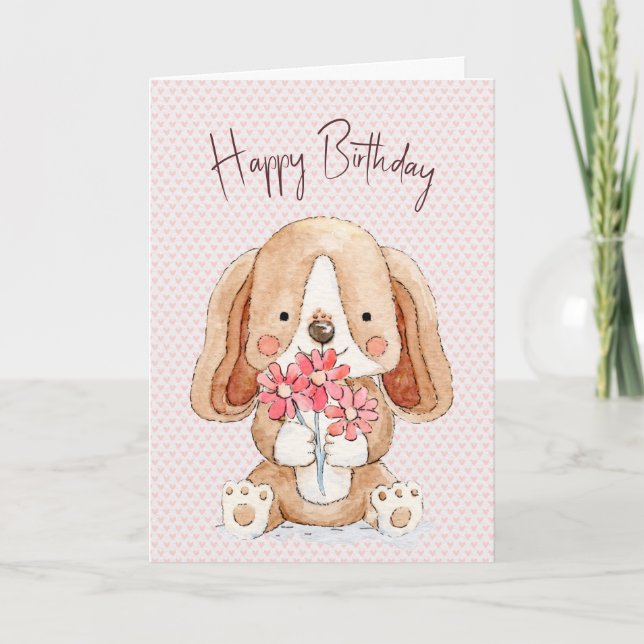 Birthday Puppy Dog with Flowers  Card (Front)