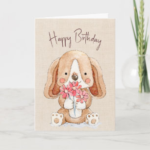 Birthday Puppy Dog with Flowers  Card