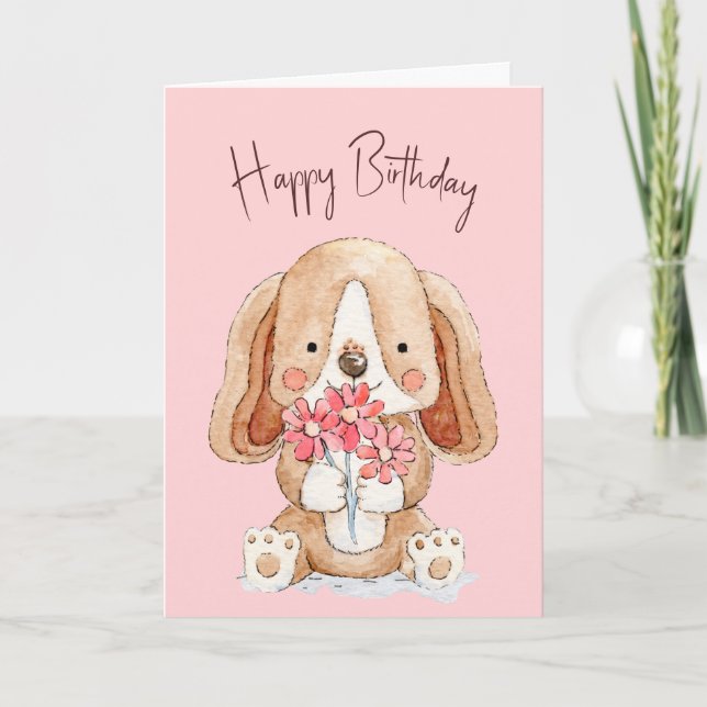 Birthday Puppy Dog with Flowers Card (Front)
