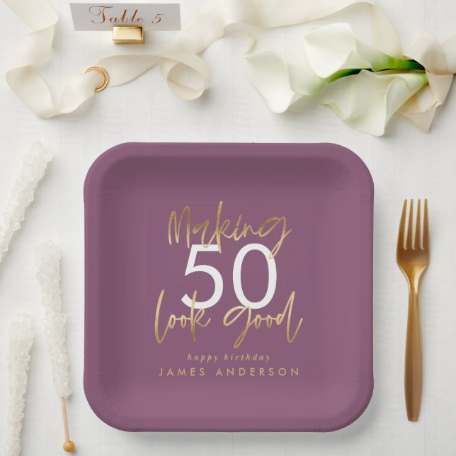 Birthday purple and gold simple elegant  paper plate (Wedding)