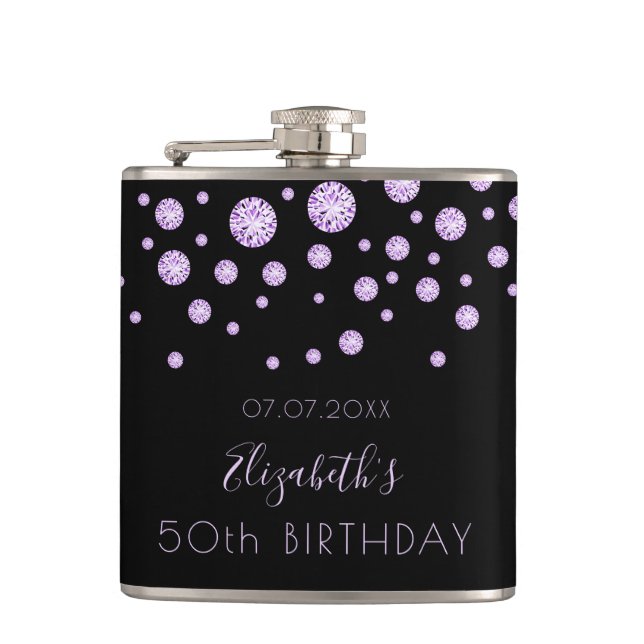 Birthday purple black diamonds monogram hip flask (Front)