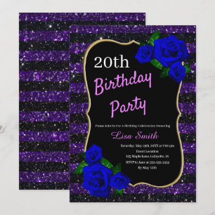Birthday Purple Black Stripe Glitter Deep Blue Ros Invitation
