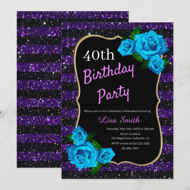Birthday Purple Black Stripes Glitter Blue Roses Invitation (Front/Back)