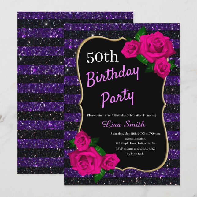 Birthday Purple Black Stripes Glitter Pink Roses Invitation (Front/Back)
