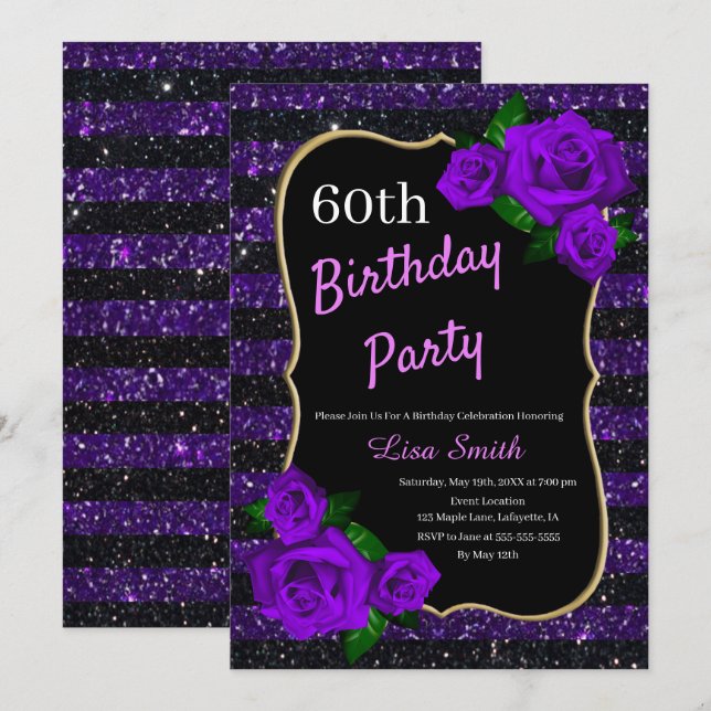 Birthday Purple Black Stripes Glitter Purple Roses Invitation (Front/Back)