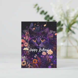Birthday Purple Floral Cat Holiday Postcard