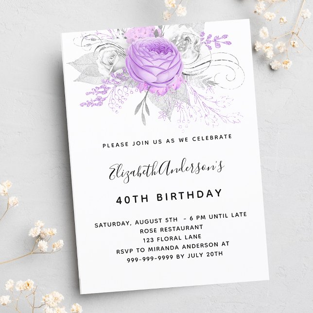 Birthday purple florals elegant silver invitation (Creator Uploaded)