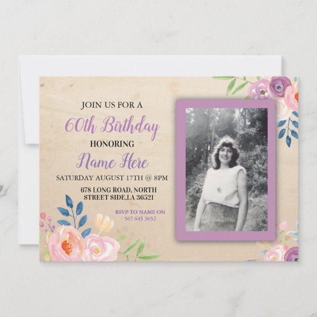 Birthday Purple Flower Photo Invitation Pretty (Front)