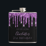 Birthday purple glitter black monogram friends hip flask<br><div class="desc">A gift from friends for a girly and glamourous 21st (or any age) birthday girl. A classic black background with purple faux glitter drips, paint dripping look. The text: The name is written in violet with a modern hand lettered style script. Personalise and add a name, age 21 and a...</div>